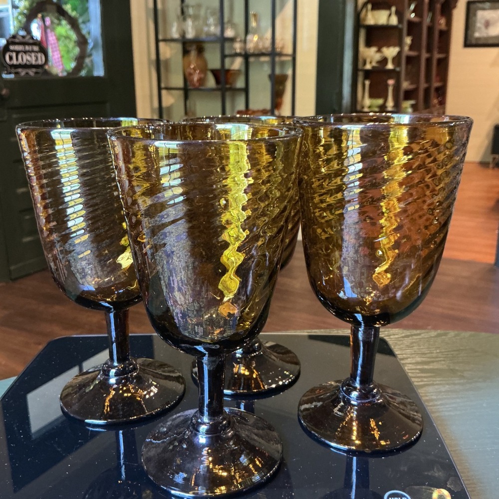 Vintage Amber Swirl Wine/Water Glasses Set of 4 Spiral Ribbed